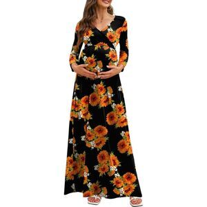 Women's Maternity Casual Floral Print Maxi Dress, Long Sleeve, V Neck US Sz 8